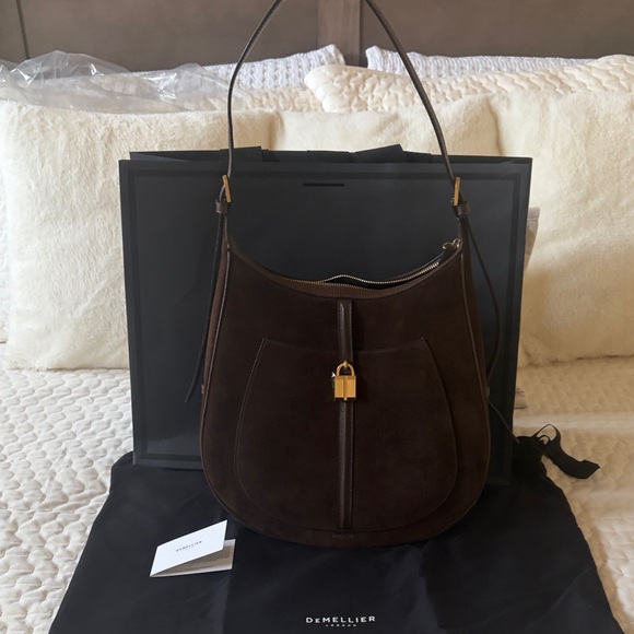 DeMellier Handbags - DeMellier Dark Brown Suede Hobo Shoulder Bag with Gold Padlock. Siena Hobo bag.
